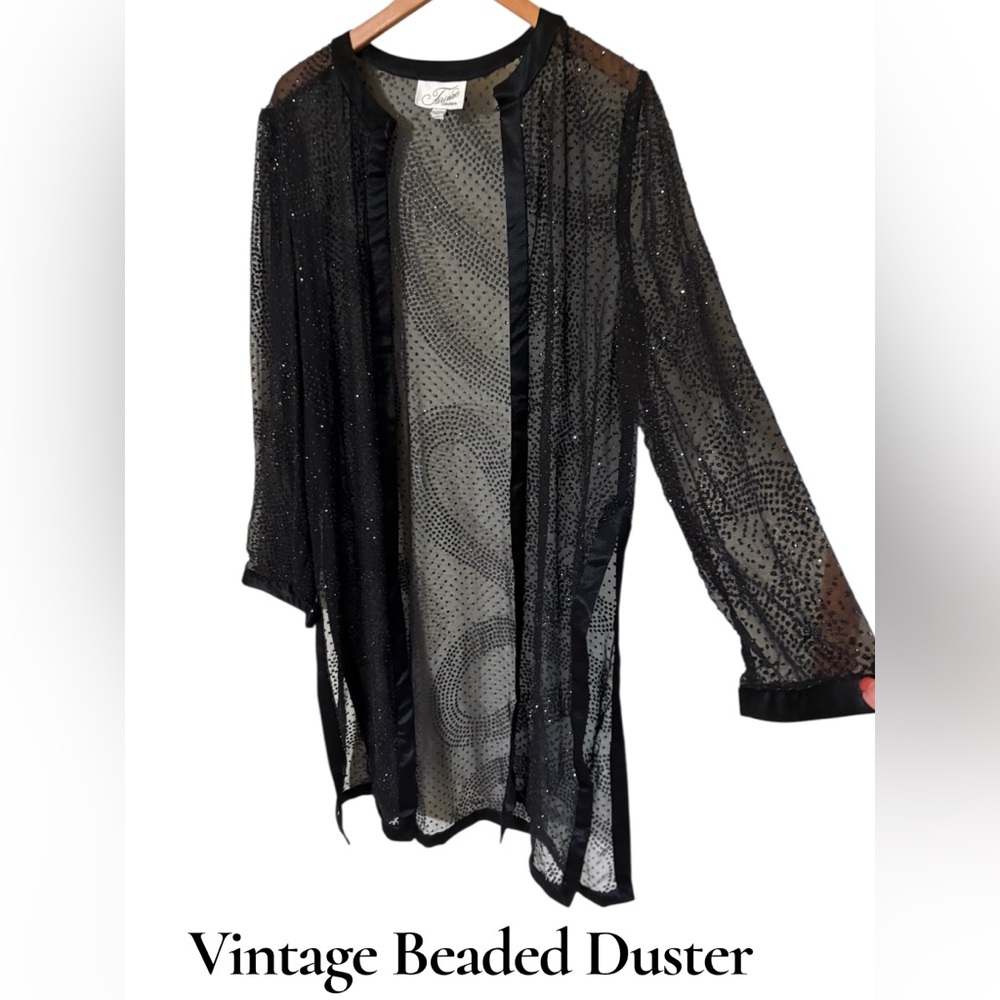 Farinae Collections-Vintage Sheer Black Beaded Duster Jacket. Size 14 Stunning!